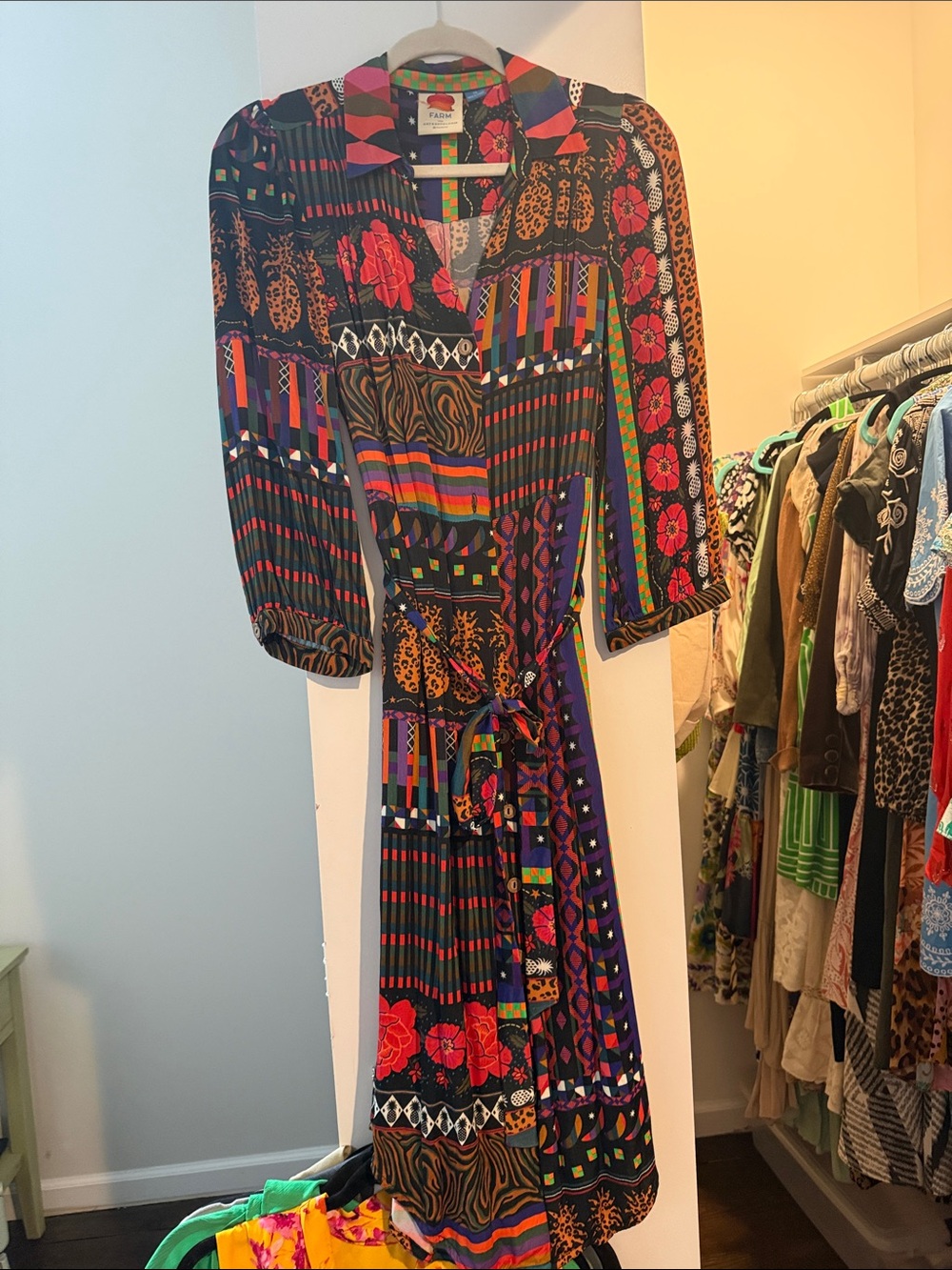 FARM Rio Black Multi Mixed-Print Wrap Midi Dress